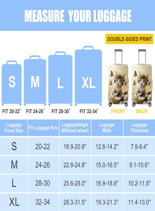 THISFIND Cute Cat and Butterflies Luggage Cover for 24-26 Inch Suitcase - Colorful Floral Travel Protector with Daisy and Meadow Design - Stretch Washable Luggage Sleeve,M - Image 5